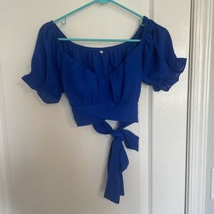 Cropped blue tshirt worn once great condition tie wrap on back